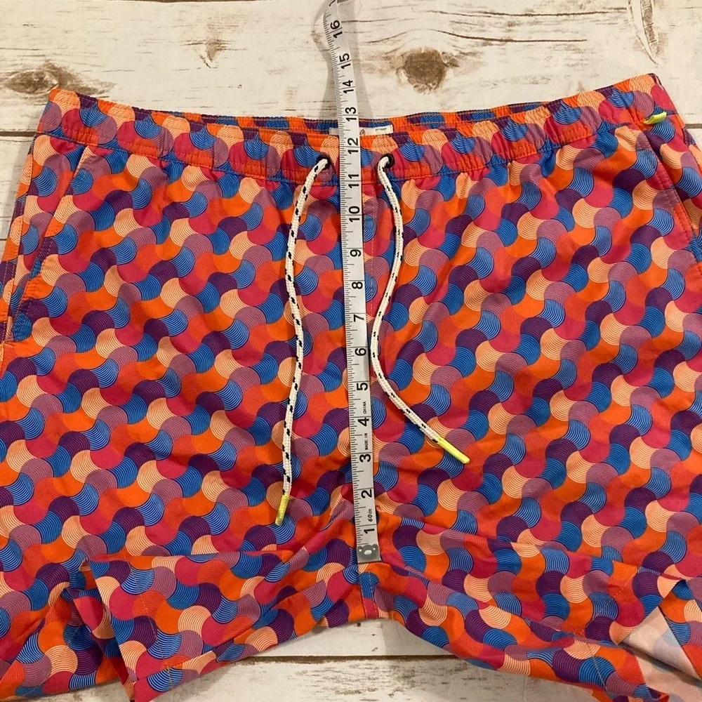 Psycho Bunny Orange Red Blue Geometric Swim Trunks